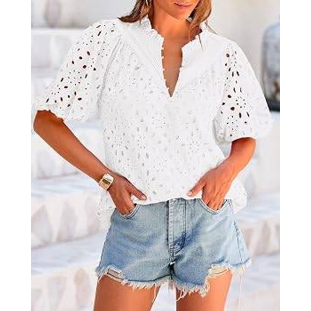 PrettyGarden Eyelet Lace Puff Sleeve Blouse Women XL White